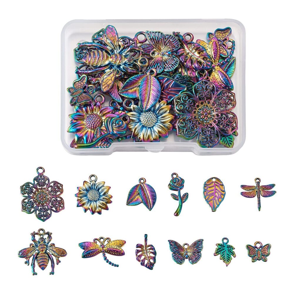6170 24Pcs Alloy Rainbow Insects Charms Multicolor Dragonfly Flower Leaf